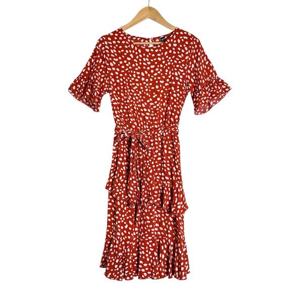 Shein Women Elastic Waist Belted Printed Tiered Ruffle Midi Dress Size 8 Orange - Picture 1 of 7